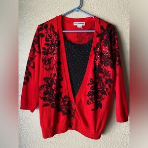 Cathy Daniels Red & Black Floral Sweater Size L